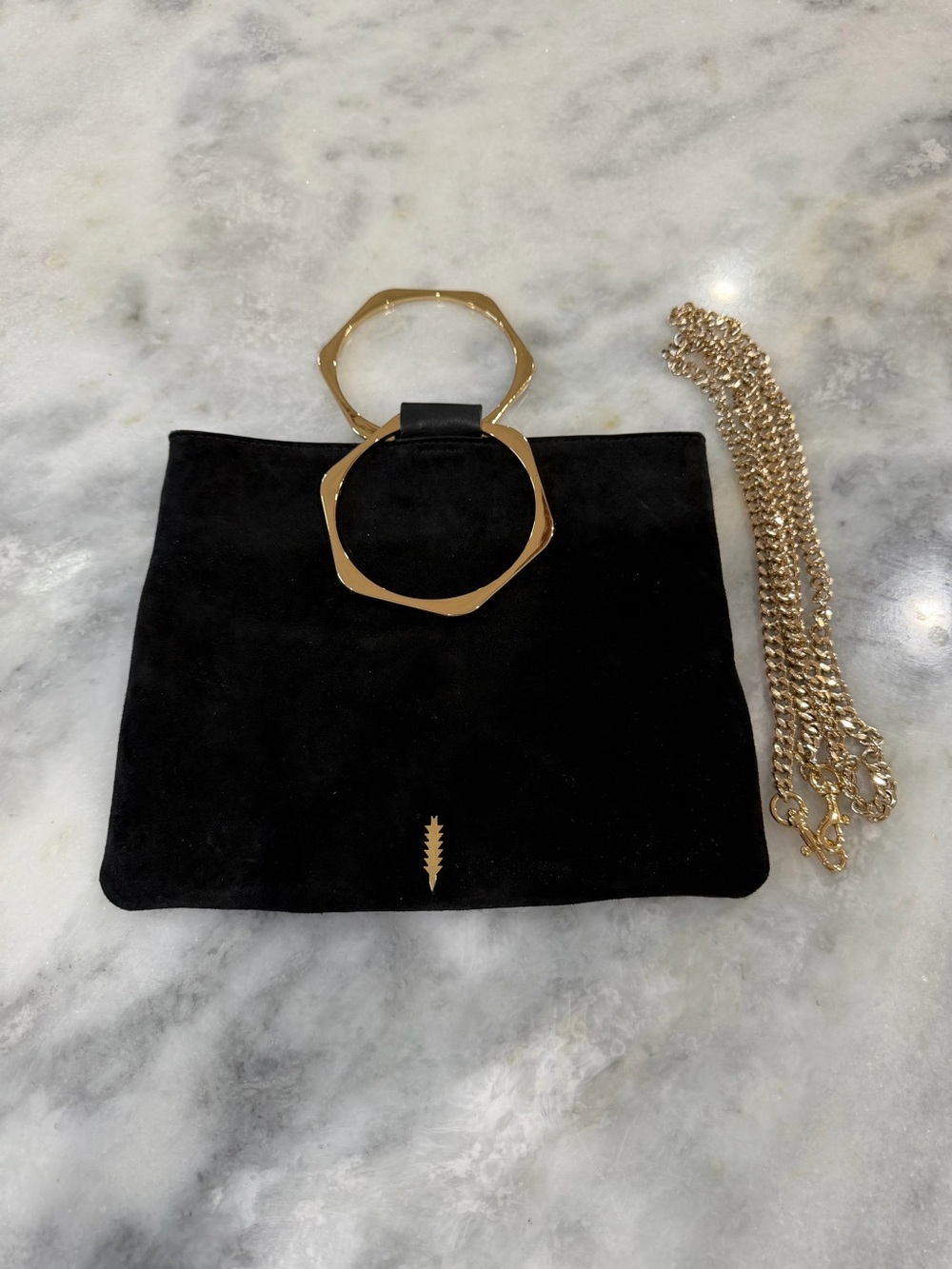 Thacker New York Black Suede Leather Ring Handle Crossbody Bag